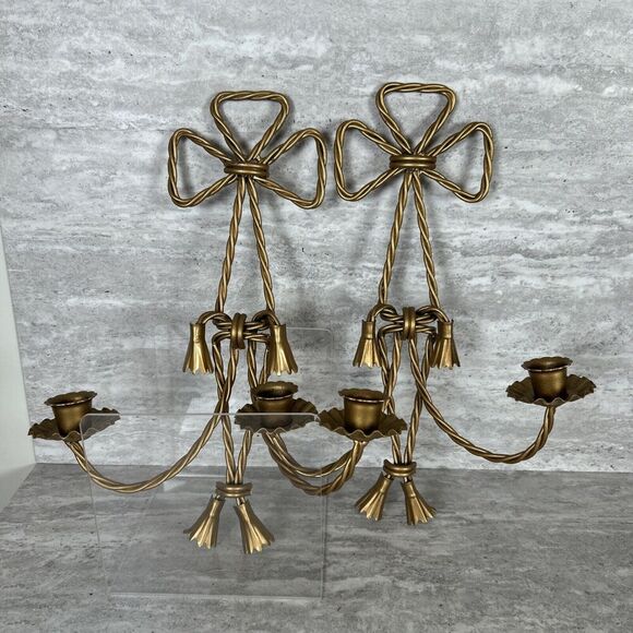 Homco Other - Homco MCM 2 HOME INTERIOR TWISTED ROPE SCONCE DOUBLE TAPER GOLD BOW DESIGN